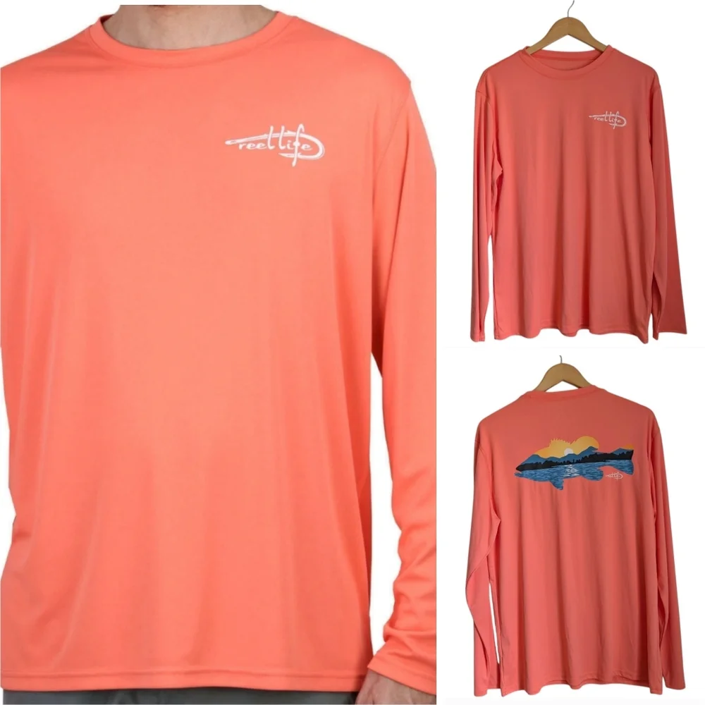 REEL LIFE Fishing Rashguard Top Lake SPF50 Long Sleeve Coral Sun Defender Large
